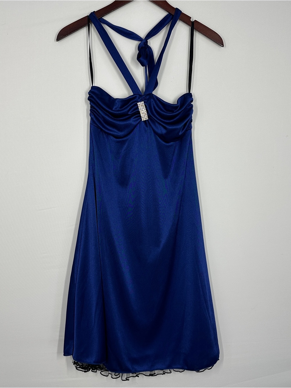blue halter cocktail Satin dress medium bodice embellishment Mini lace hem Sexy